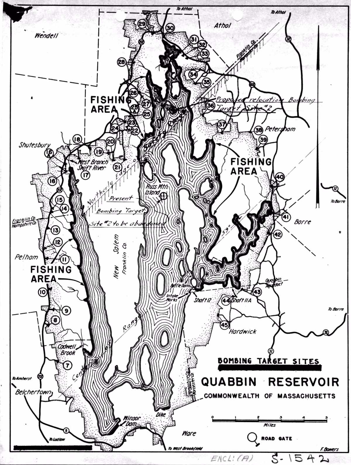 A 1960s federal map of former bombing target areas on Prescott Peninsula at the Quabbin Reservoir