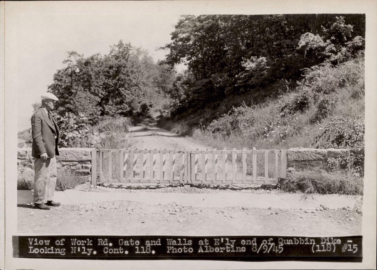 Black-and-white 1945 photo of a road being built near Winsor Dam and Goodnough Dike