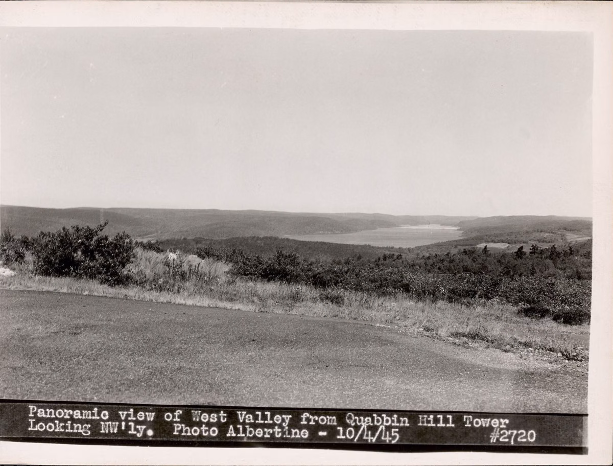 Black-and-white 1945 panorama northwest over the reservoir's west arm from the Quabbin Hill tower