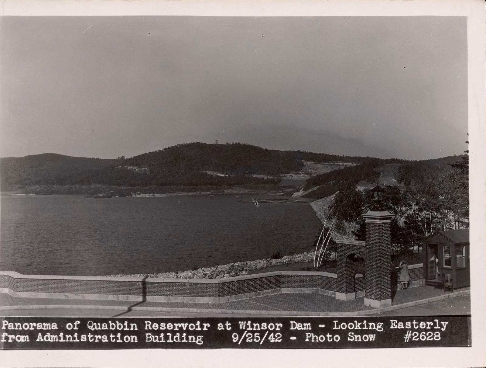 Black-and-white 1942 panorama east along Winsor Dam from the Administration Building