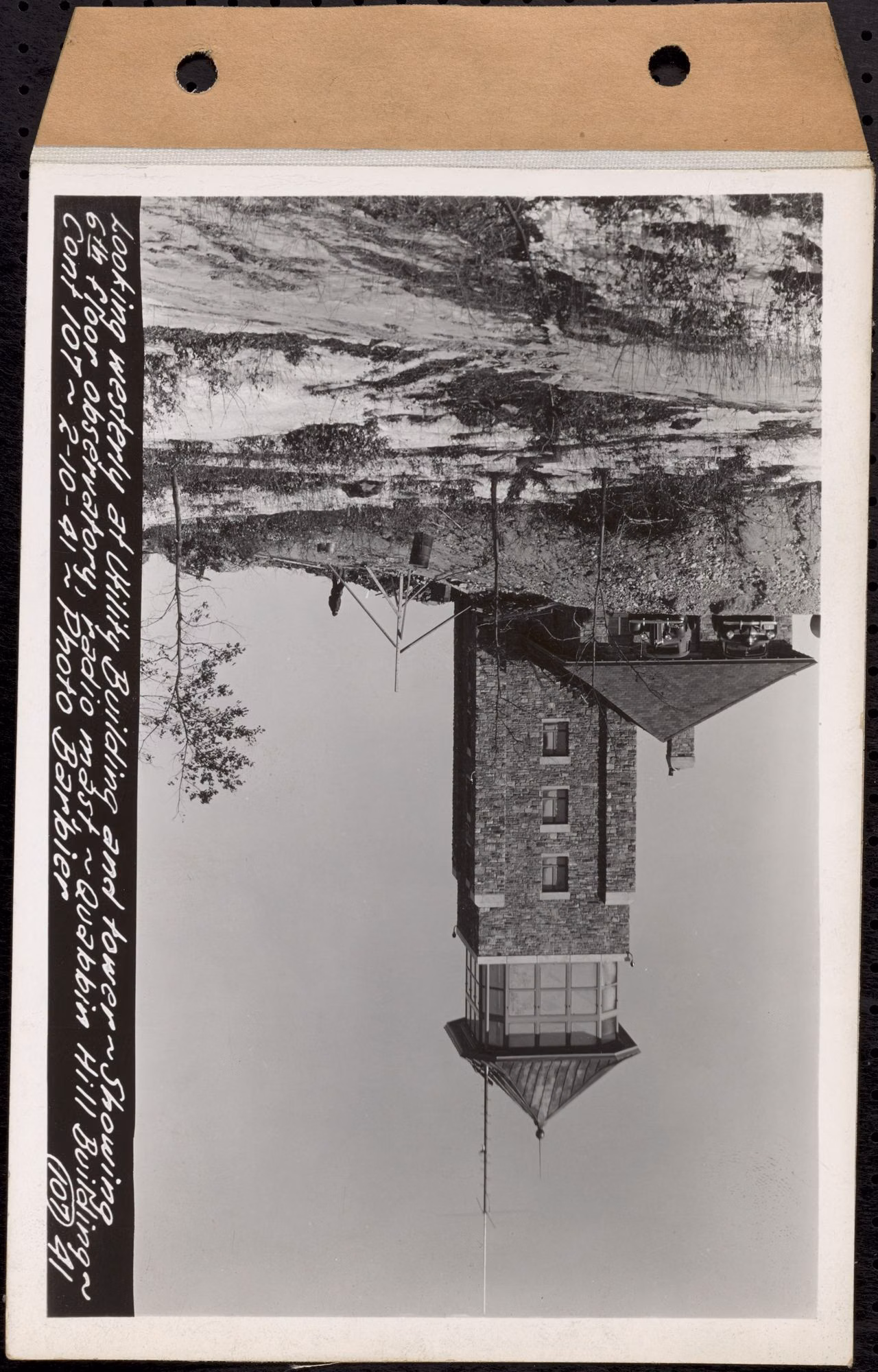 Black-and-white 1941 photo of the observation tower and its utility building on Quabbin Hill