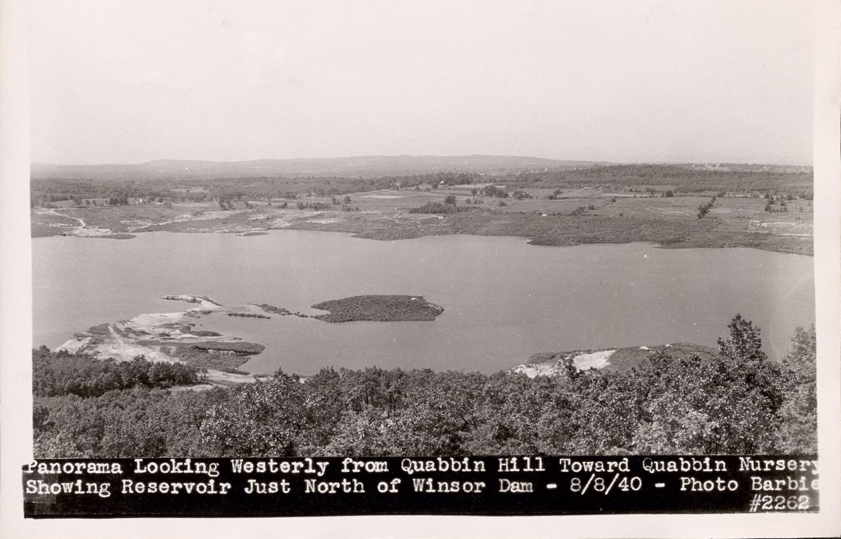 Black-and-white 1940 panorama west from Quabbin Hill over the reservoir north of Winsor Dam