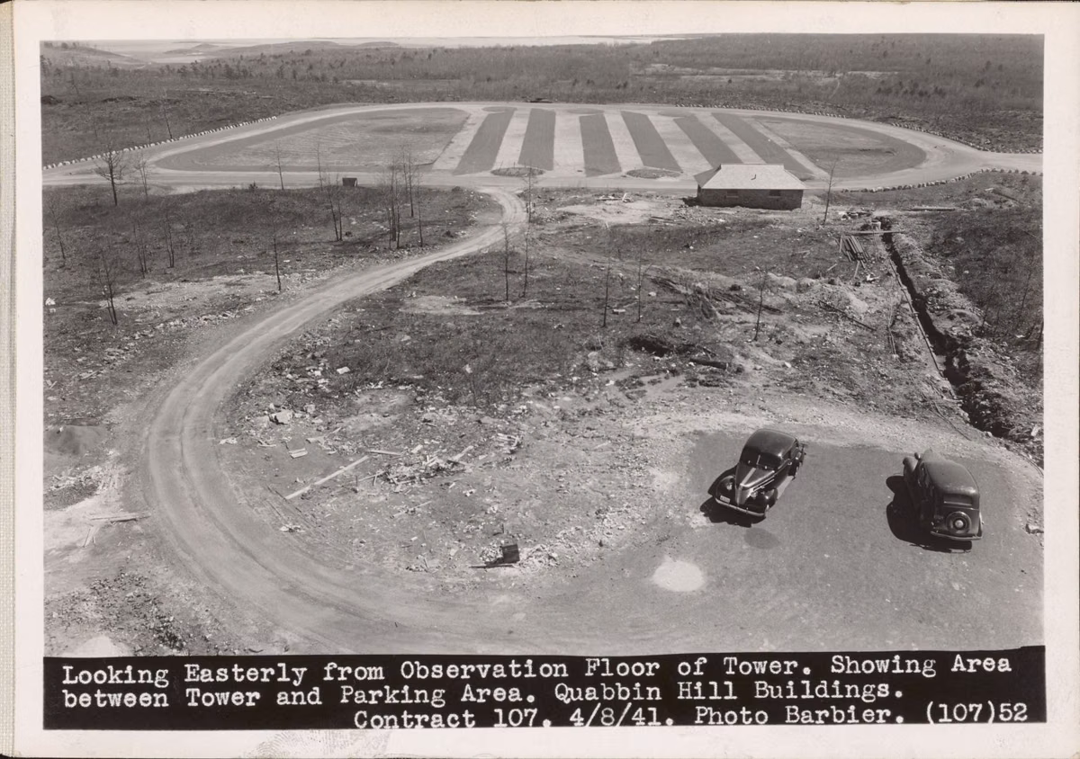 Black-and-white 1941 view east from the observation floor of the Quabbin Hill tower