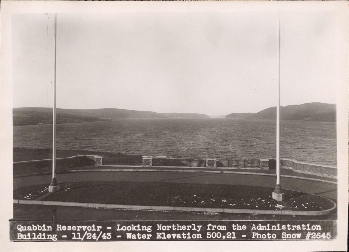 Black-and-white 1943 view of the reservoir, still filling, from the Administration Building